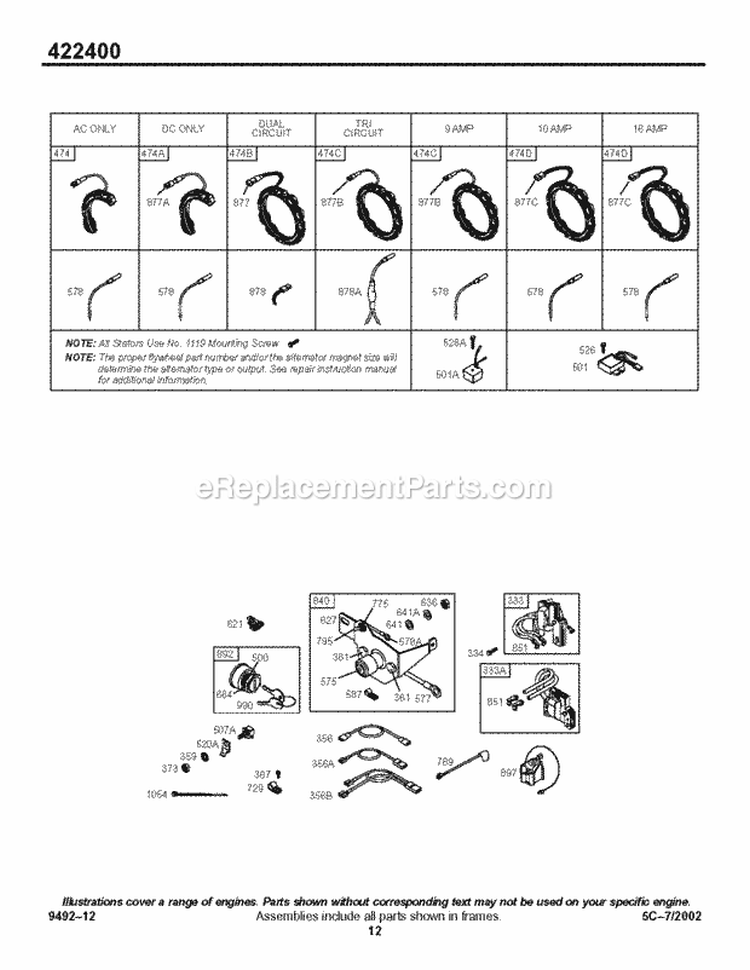 Alternator Ignition Diagram and Parts List for 422445-1290-01  Briggs and Stratton Engine